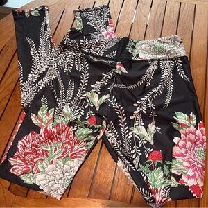 Floral Black Leggings with Red and Green Accents